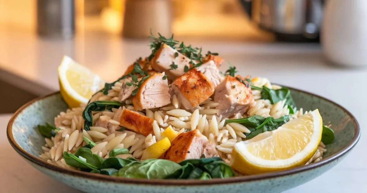 A close-up of a delicious plate of High Protein Chicken Orzo, featuring chicken, orzo pasta, spinach, and fresh herbs.