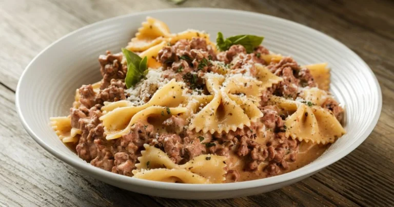 Delicious creamy beef and bowtie pasta in a bowl with Parmesan and herbs.