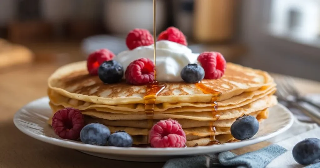 Stack of Cinnamon Roll Protein Crepes topped with maple syrup, berries, and Greek yogurt.