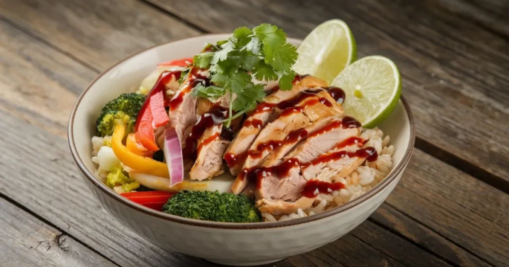 Chicken Rice Bowl with tender chicken, vegetables, and rice, garnished with fresh herbs and soy sauce.