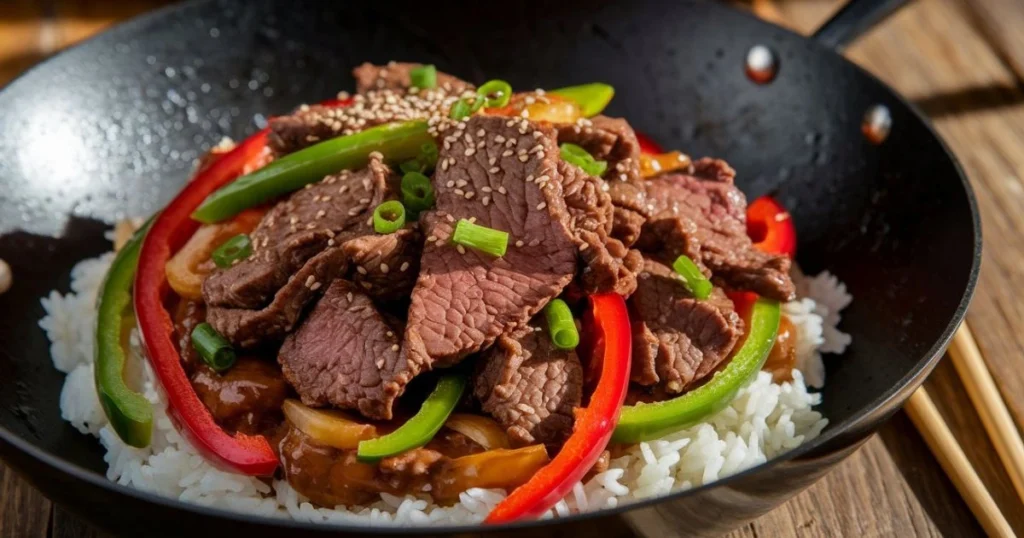 Close-up of Chinese pepper steak with tender beef, bell peppers, and onions, served over rice and garnished with sesame seeds and green onions.