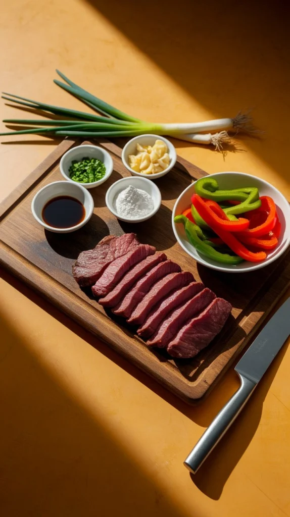 Ingredients for Chinese pepper steak: sliced beef, bell peppers, soy sauce, garlic, ginger, cornstarch, and green onions.