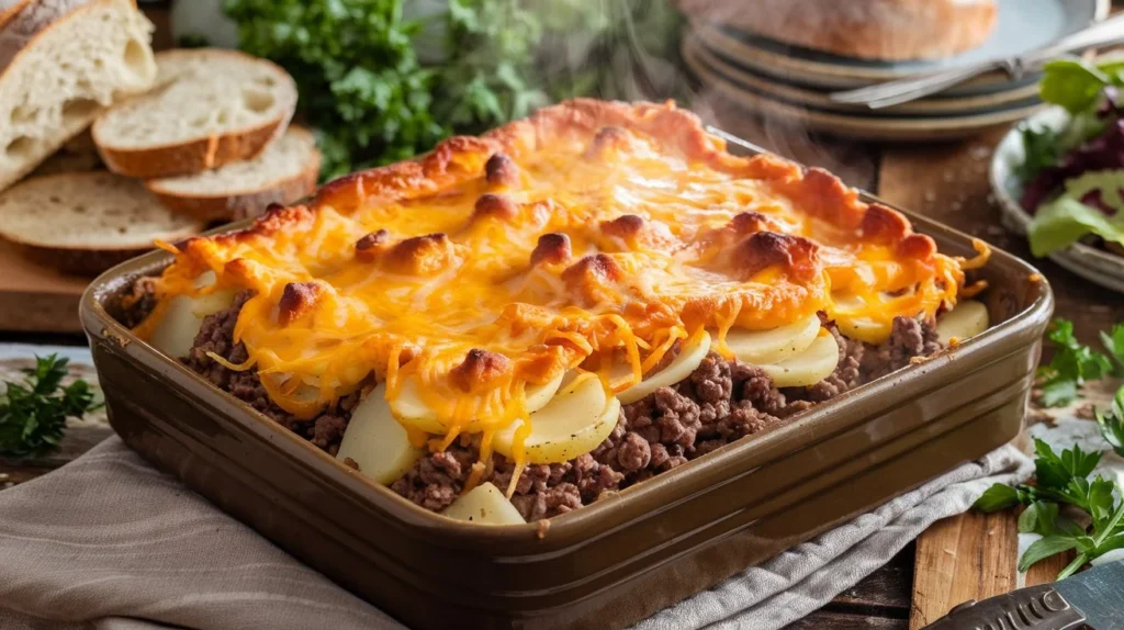 Hobo Casserole Ground Beef with melted cheese and golden potatoes in a baking dish.