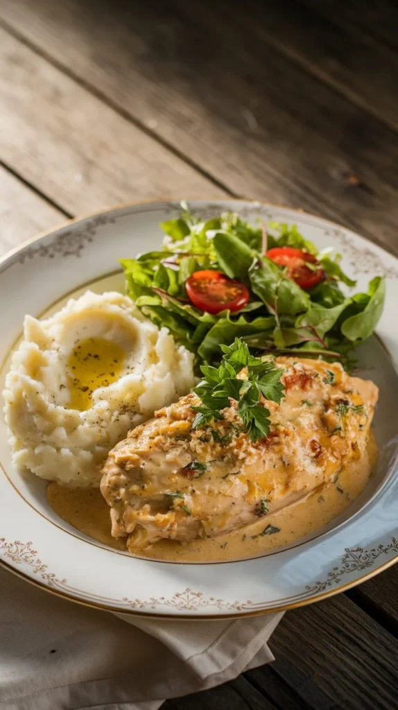 Plate of creamy Parmesan chicken served with mashed potatoes and a fresh side salad.