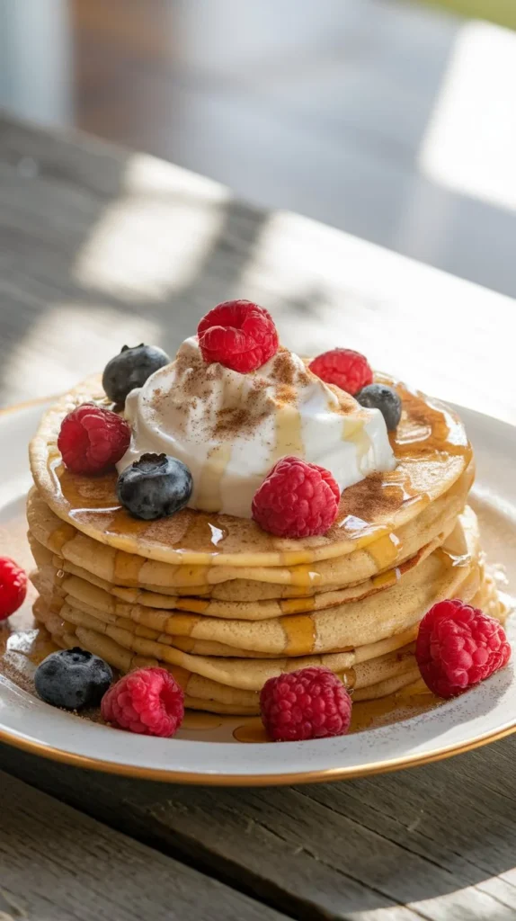 Plate of Cinnamon Roll Protein Crepes topped with Greek yogurt, berries, maple syrup, and cinnamon.