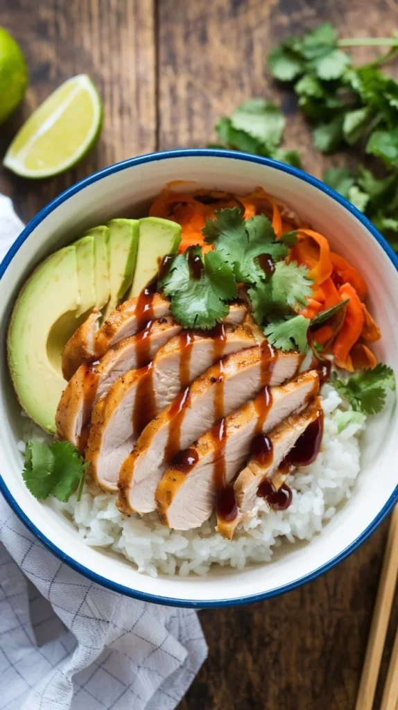 Chicken Rice Bowl served with cilantro, avocado, soy sauce, lime wedges, and roasted vegetables on the side.