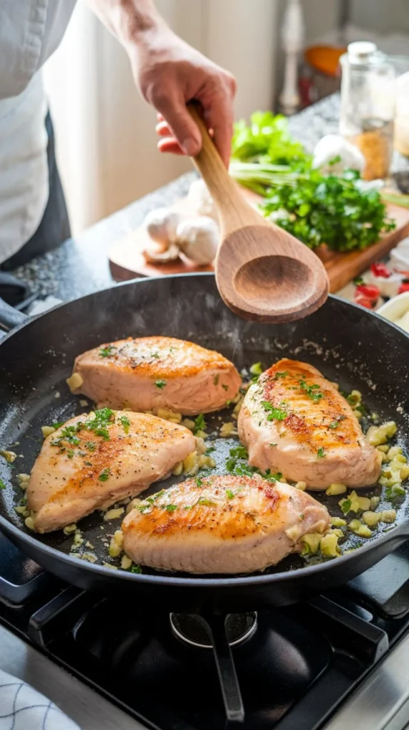 Chef sautéing chicken breasts in a skillet, with garlic, butter, and olive oil, and the creamy Parmesan sauce beginning to form.