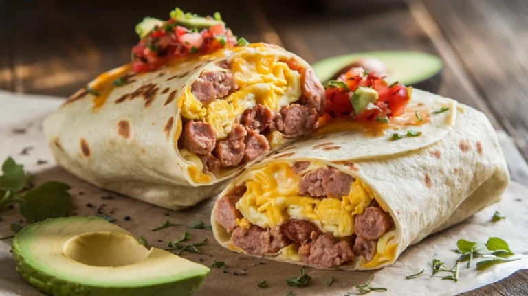 Close-up of a Cheesy Sausage Breakfast Burrito with melted cheese, sausage, eggs, salsa, and avocado slices.