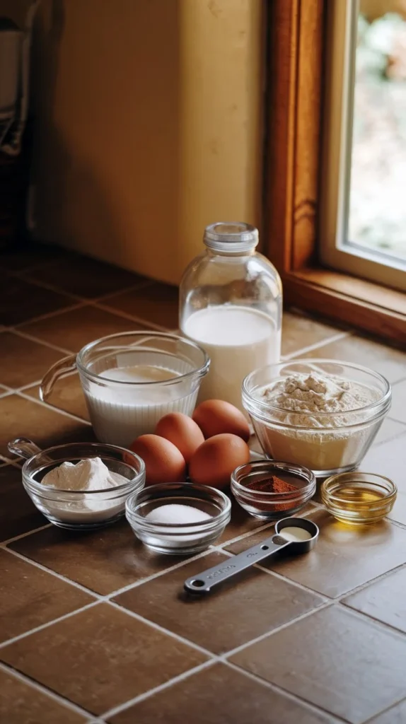 Ingredients for Cinnamon Roll Protein Crepes, including protein powder, eggs, almond milk, and cinnamon, arranged on a kitchen counter.