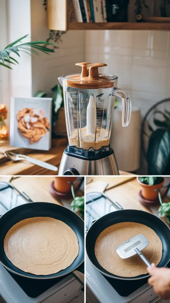 Step-by-step process of making Cinnamon Roll Protein Crepes: blending batter, pouring into a pan, and flipping the crepe.