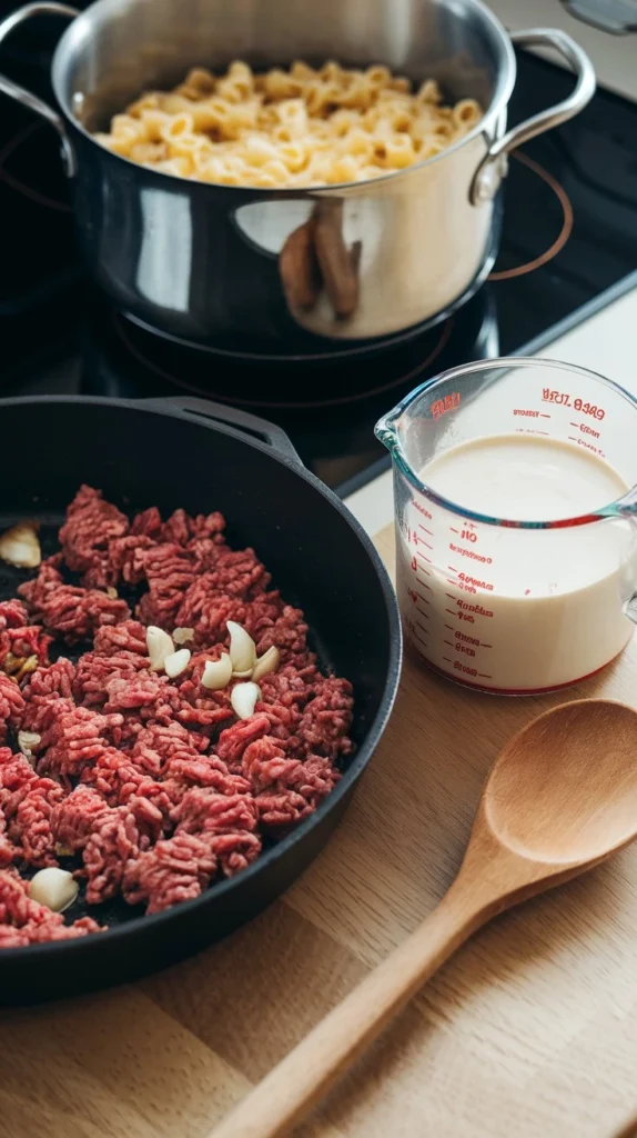 Step-by-step cooking process of creamy beef and bowtie pasta with beef in skillet, pasta boiling, and cream ready to be added.