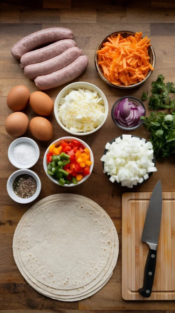 Ingredients for Cheesy Sausage Breakfast Burritos: sausage, eggs, cheese, tortillas, bell peppers, onions, salt, and fresh herbs.