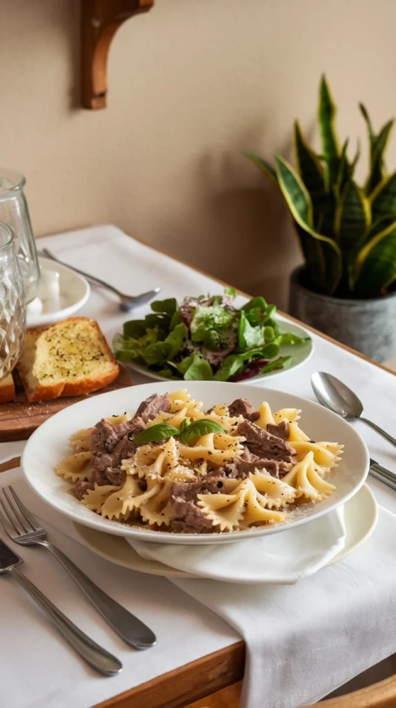 Creamy beef and bowtie pasta served with garlic bread, salad