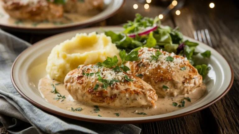 Plate of creamy Parmesan chicken with mashed potatoes and a side salad on a rustic wooden table.