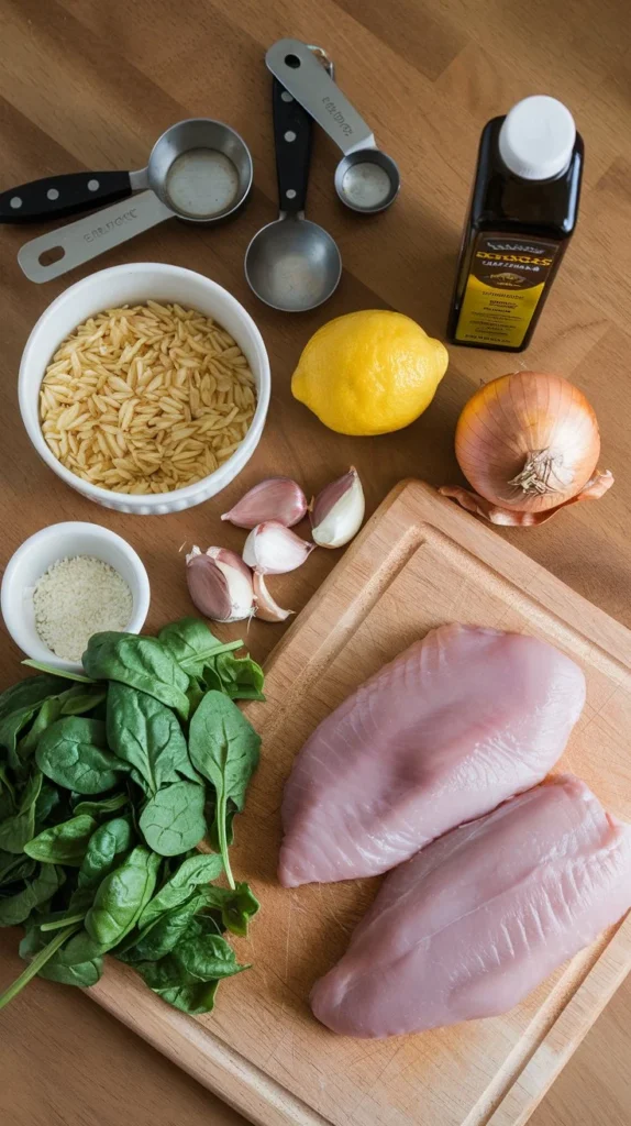 Ingredients for High Protein Chicken Orzo laid out on a kitchen counter, including chicken, orzo, spinach, garlic, lemon, onion, and olive oil.