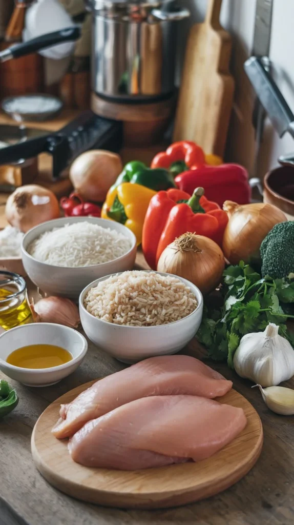 Ingredients for Chicken Rice Bowls, including chicken, rice, bell peppers, onions, broccoli, garlic, and olive oil.