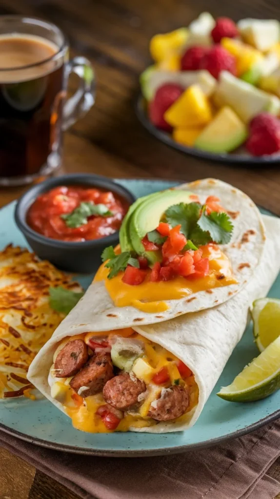 Cheesy Sausage Breakfast Burrito served with salsa, avocado, hash browns, and fruit salad, perfect for a wholesome breakfast.