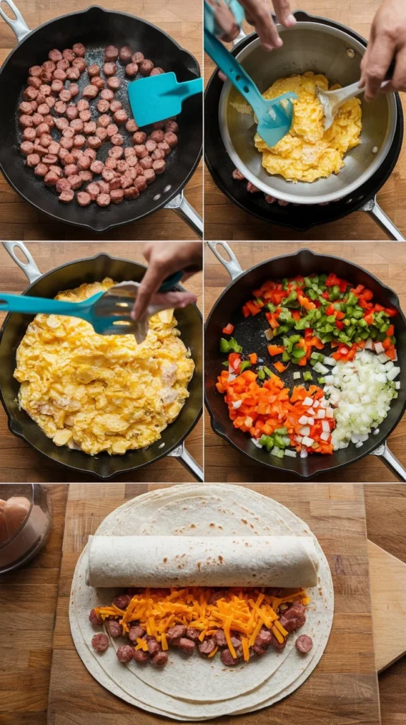 Step-by-step instructions for making Cheesy Sausage Breakfast Burritos: cooking sausage, scrambling eggs, sautéing veggies, and assembling burritos.