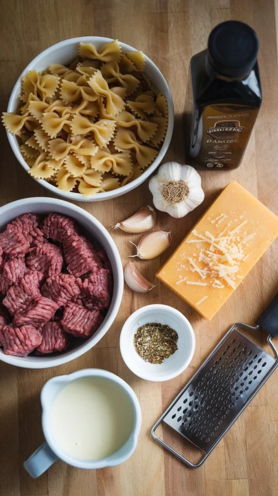 Ingredients for creamy beef and bowtie pasta including pasta, ground beef, garlic, Parmesan, Italian seasoning, and cream.