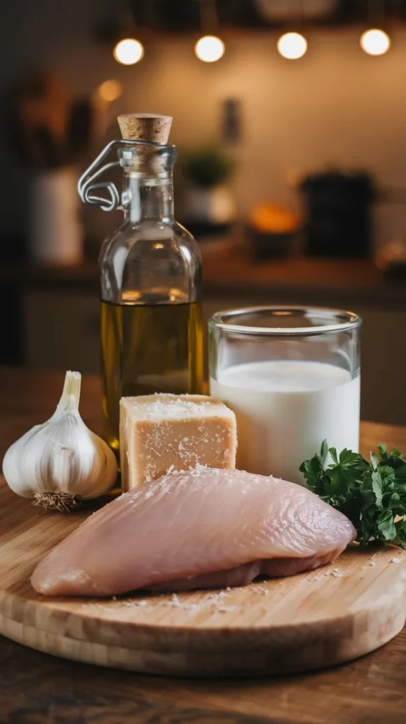 Key ingredients for creamy Parmesan chicken on a wooden cutting board, including chicken breasts, Parmesan cheese, garlic, olive oil, heavy cream, and parsley.