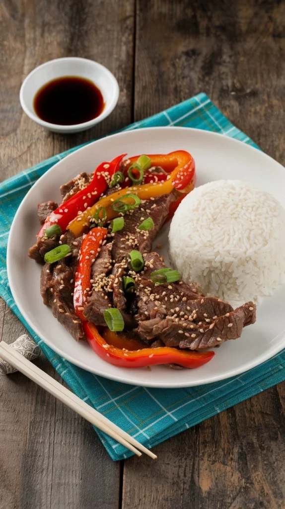 Plated Chinese pepper steak with steamed rice, garnished with sesame seeds and green onions.