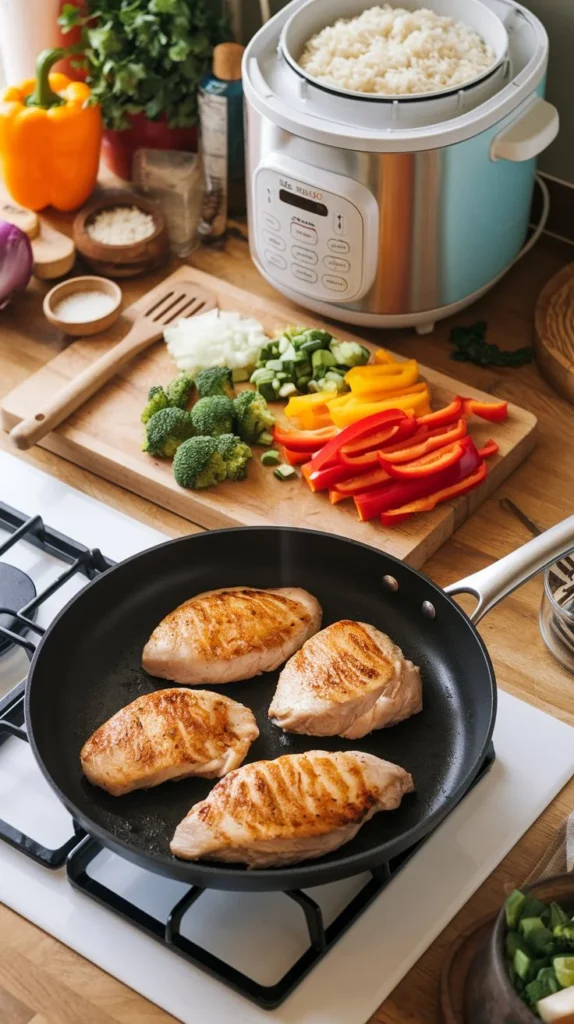 Step-by-step cooking process for Chicken Rice Bowls with chicken being sautéed, vegetables chopped, and rice cooking.