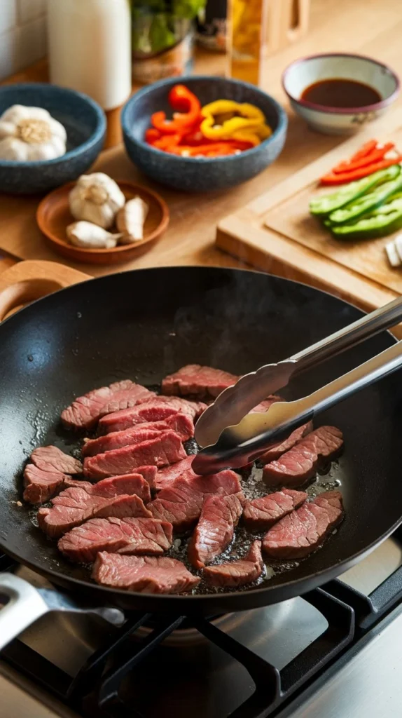 Cooking Chinese pepper steak in a wok with sliced beef, bell peppers, and fresh garlic and ginger.