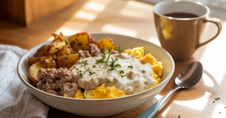 A hearty breakfast bowl with sausage gravy, crispy potatoes, and scrambled eggs garnished with fresh herbs.