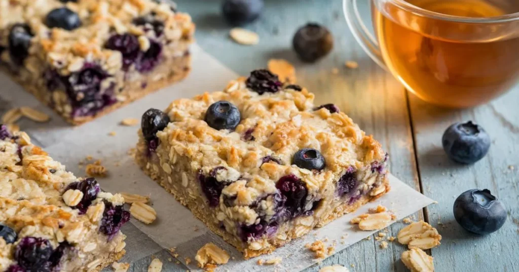 Freshly baked Blueberry Oatmeal Breakfast Bars with tea and blueberries.