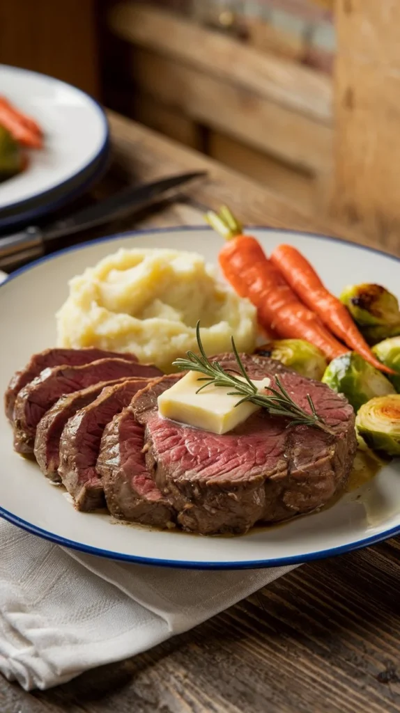 A beautifully plated beef round steak with mashed potatoes, roasted Brussels sprouts, and glazed carrots, topped with butter and rosemary.