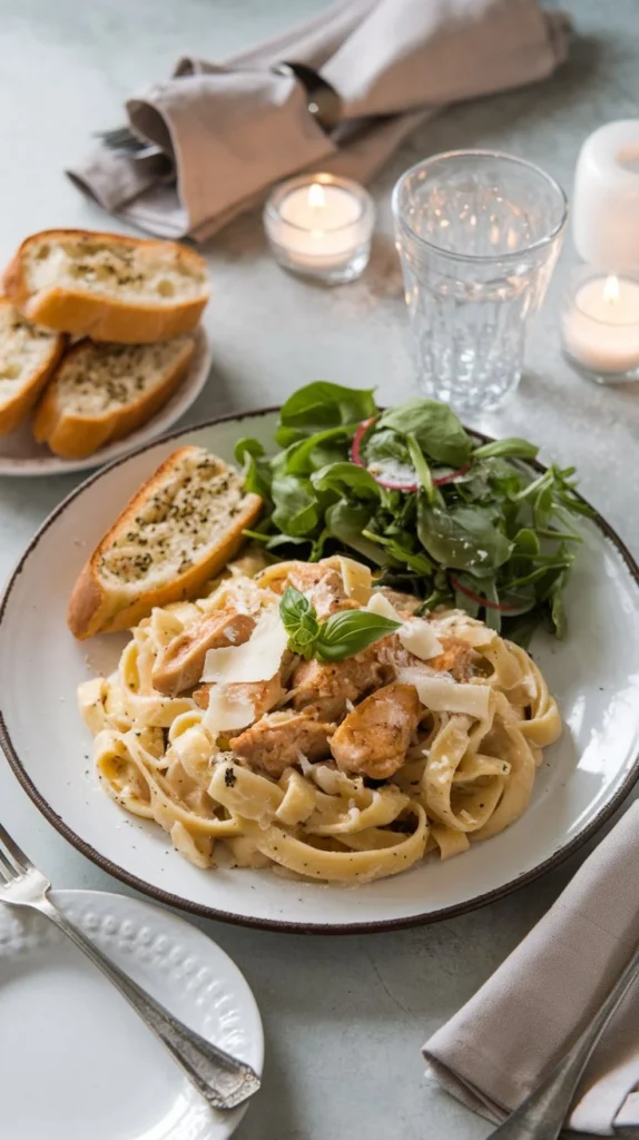 Plated Marry Me Chicken Pasta with fresh basil, garlic bread, green salad