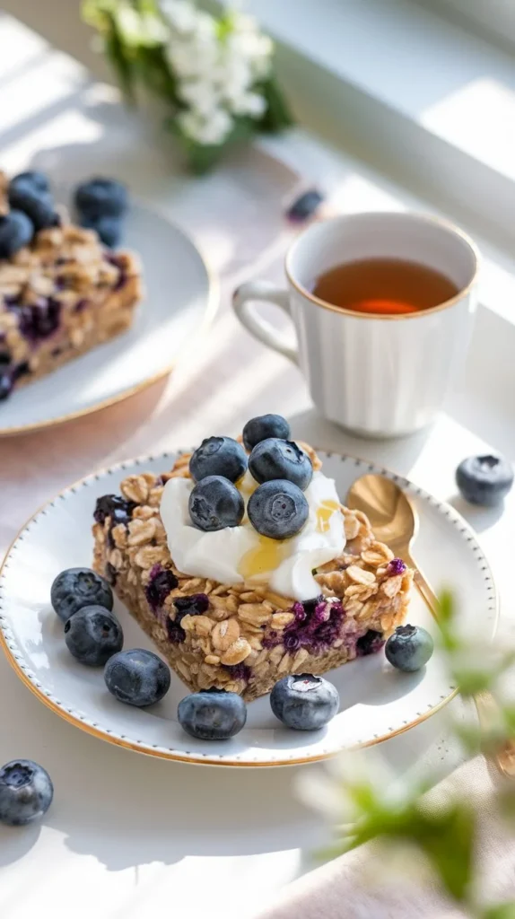 Blueberry Oatmeal Breakfast Bars served with Greek yogurt, honey, and blueberries.