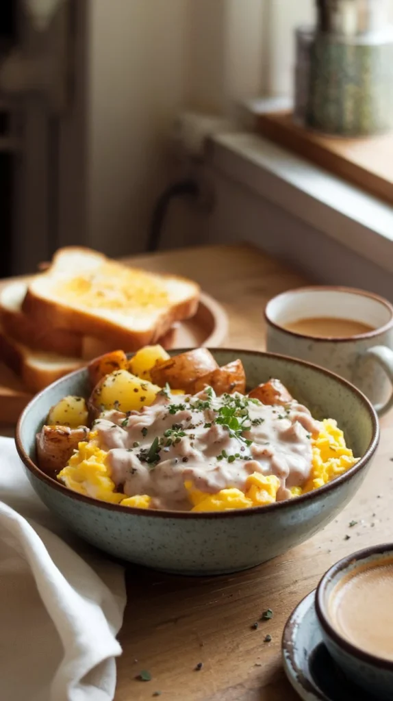 A served breakfast bowl with sausage gravy, scrambled eggs, roasted potatoes, toast, and coffee, garnished with fresh herbs.