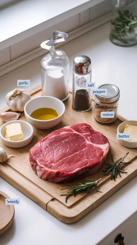 A well-organized kitchen counter with fresh ingredients for a beef round steak recipe: beef steak, olive oil, garlic, salt, pepper, rosemary, and butter.