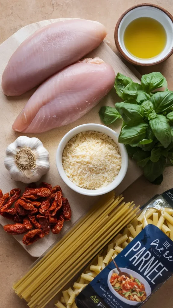 Flat lay of ingredients for Marry Me Chicken Pasta, including chicken breasts, garlic, Parmesan cheese, sun-dried tomatoes, olive oil, and pasta.