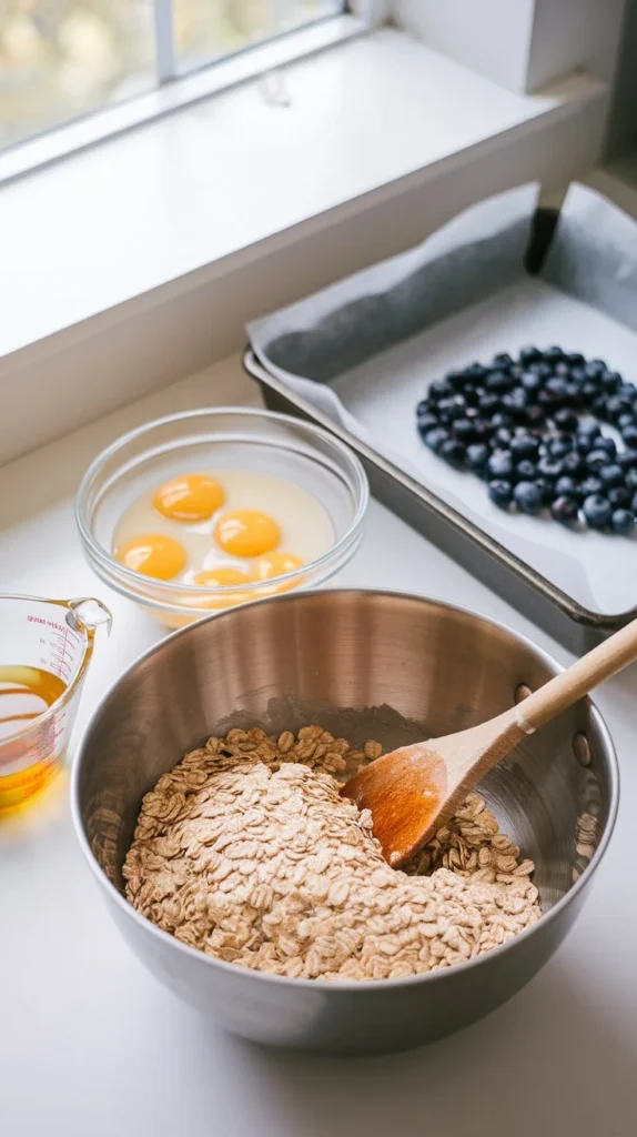 Step-by-step ingredients and preparation for making Blueberry Oatmeal Breakfast Bars.