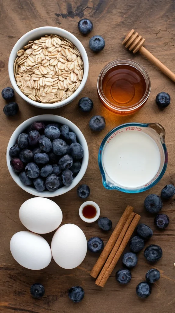 Fresh ingredients for Blueberry Oatmeal Breakfast Bars laid out on a wooden surface.