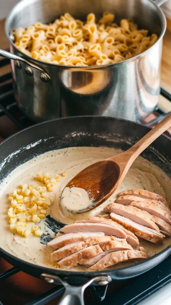 Step-by-step cooking of Marry Me Chicken Pasta, showing sautéing garlic, boiling pasta, and creamy sauce being stirred in a skillet.