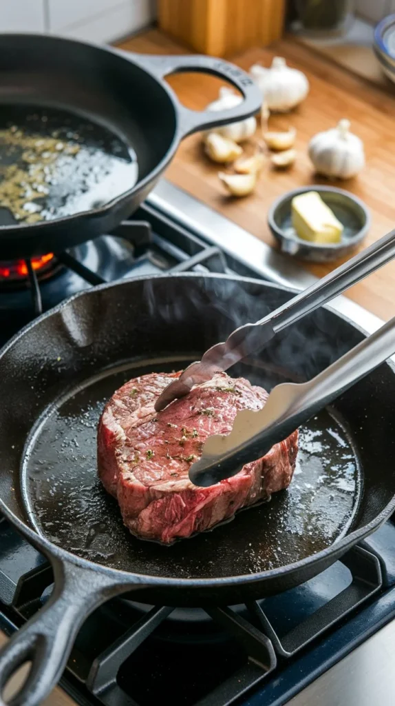 Step-by-step cooking of a beef round steak in a cast-iron skillet with sizzling action, garlic, and butter in the background.