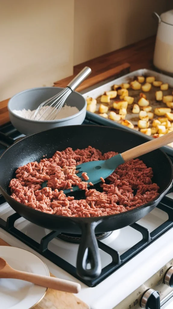 Step-by-step process of cooking sausage and making sausage gravy for a breakfast bowl, with roasted potatoes in the background.