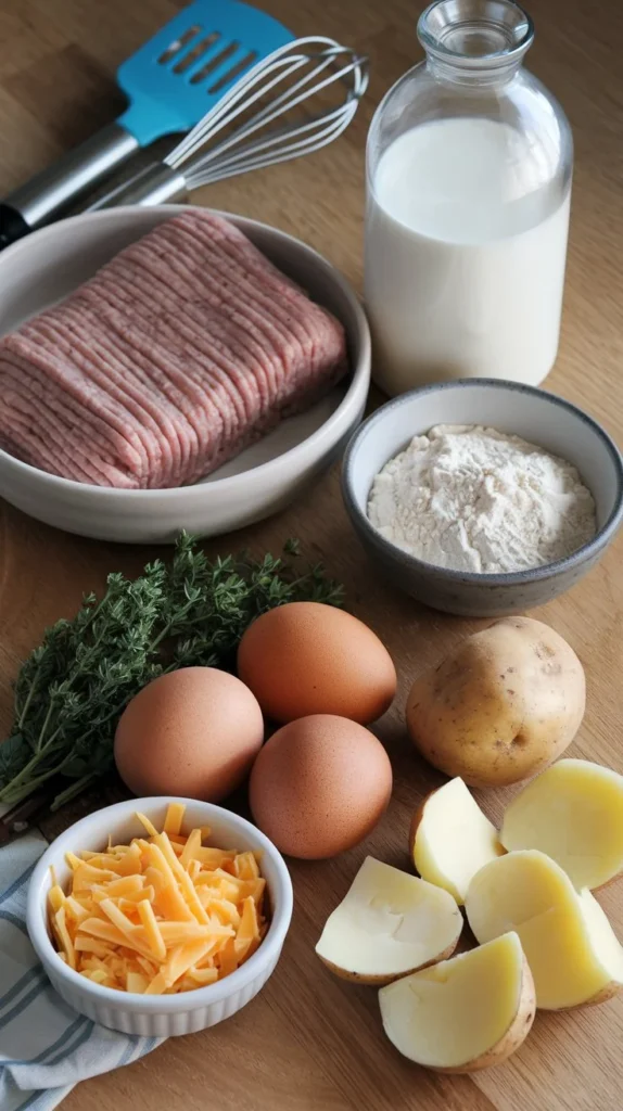 Ingredients for a hearty breakfast bowl with sausage gravy, including sausage, milk, eggs, potatoes, and fresh herbs.